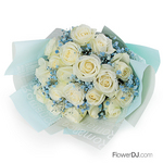 情人節花店送花-20朵白玫瑰花束--送七吋經典格紋熊